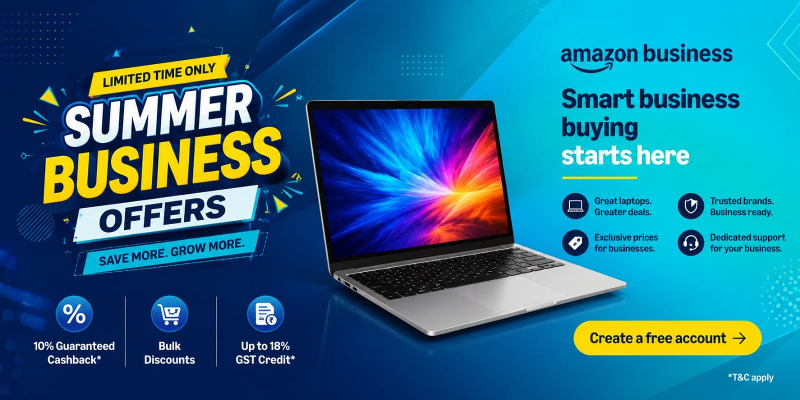 Modern business laptop promotional banner with colorful laptop display, summer business offers, cashback deals, GST benefits, and SmartPickZone business shopping advertisement on a blue gradient background.