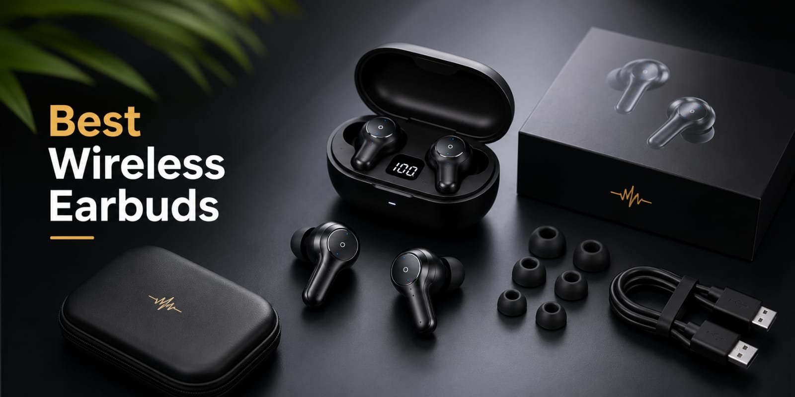 Premium black wireless earbuds with charging case, ear tips, USB cable, and product packaging displayed on a dark modern background.
